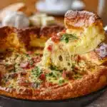 Cheddar and bacon Dutch baby pancake served with herbs and toppings