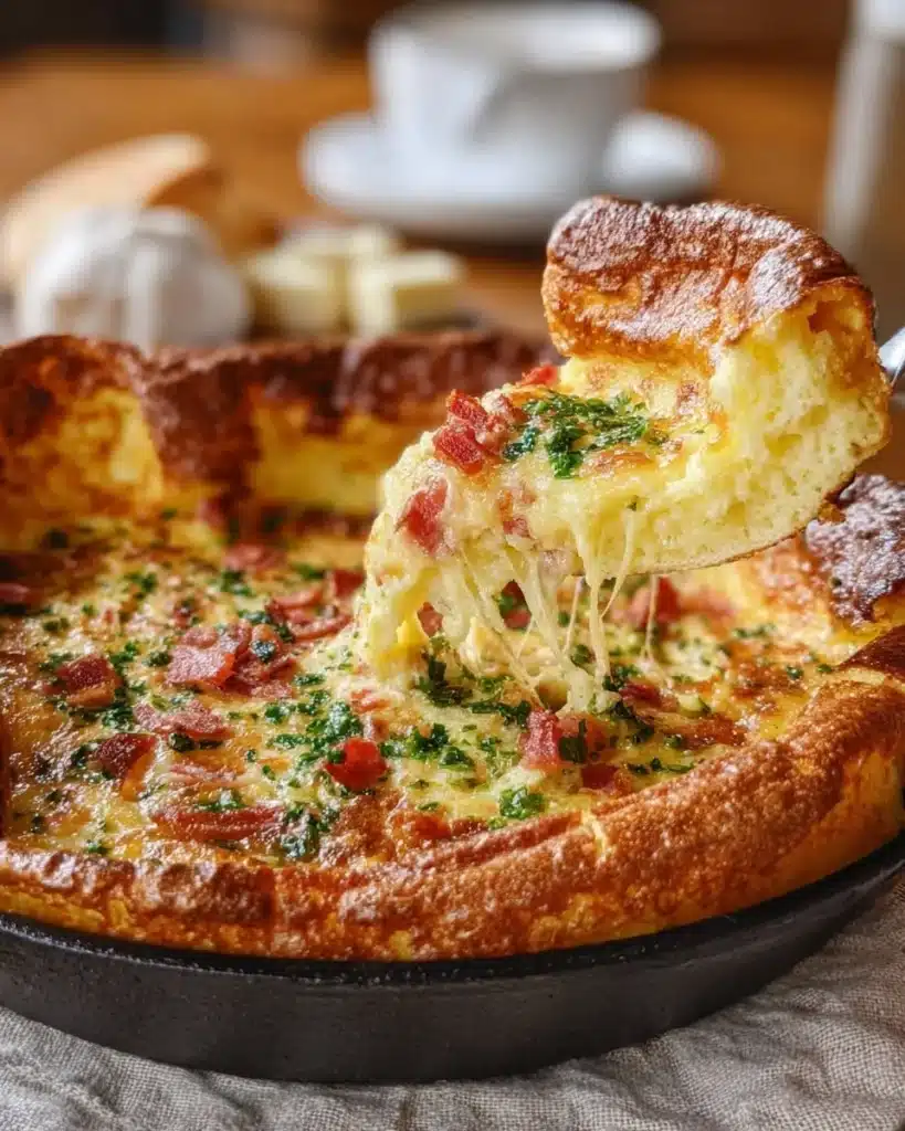 Cheddar and bacon Dutch baby pancake served with herbs and toppings