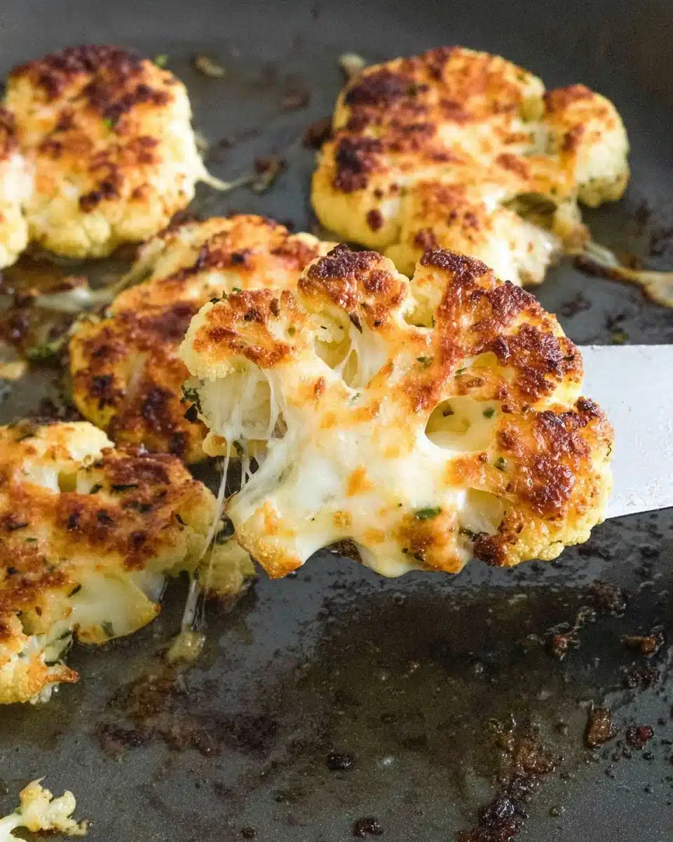 Cheesy cauliflower steaks served with herbs and melted cheese on top