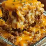Delicious Cheesy Hamburger Casserole topped with melted cheese