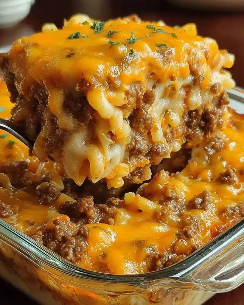 Delicious Cheesy Hamburger Casserole topped with melted cheese