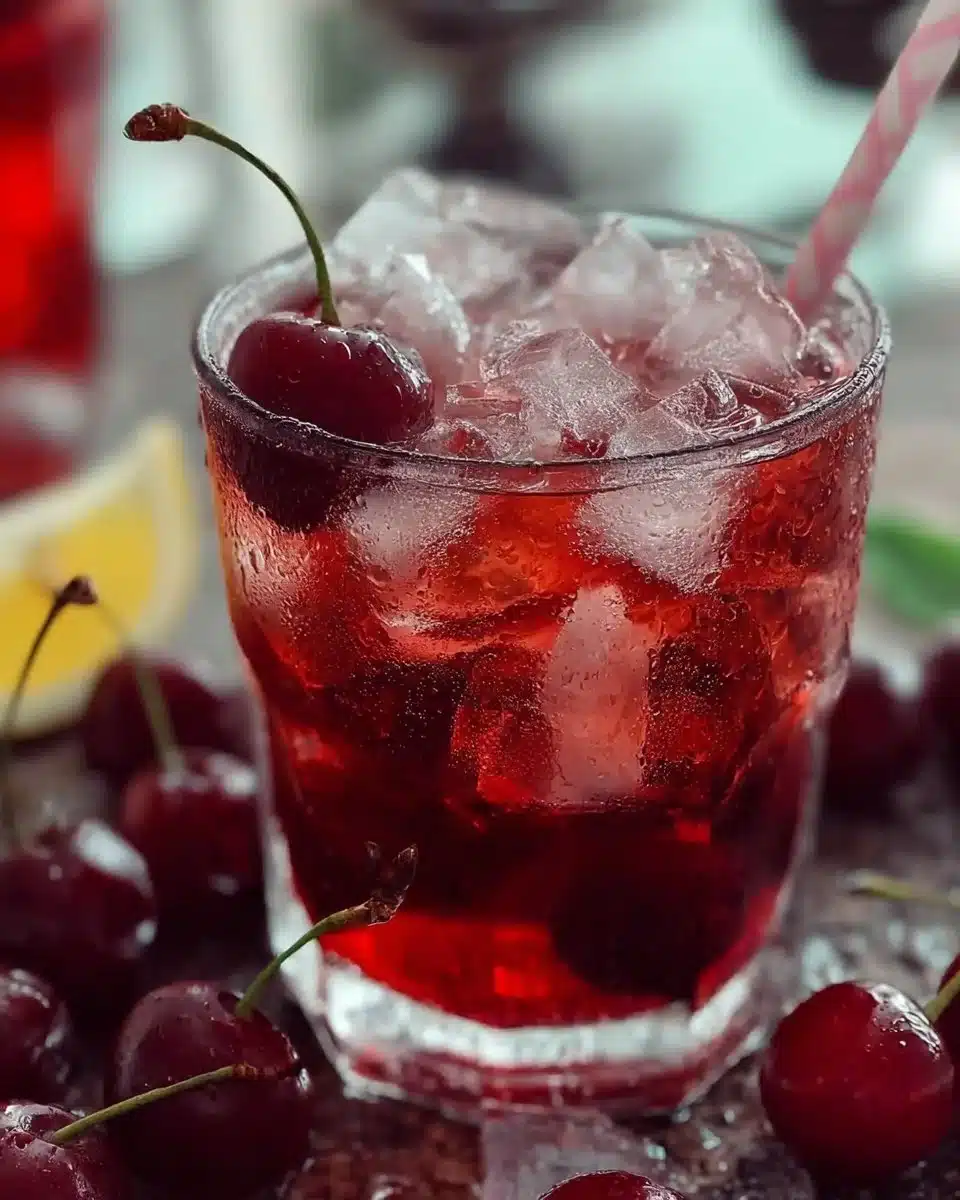 A glass of cherry pie iced tea garnished with fresh cherries and mint leaves