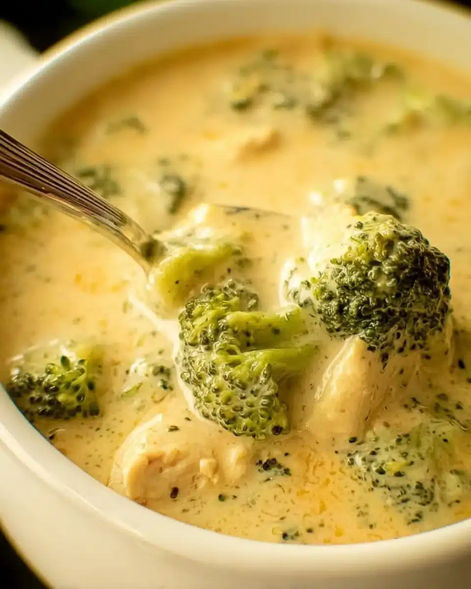 Bowl of homemade chicken broccoli soup with fresh ingredients and herbs.