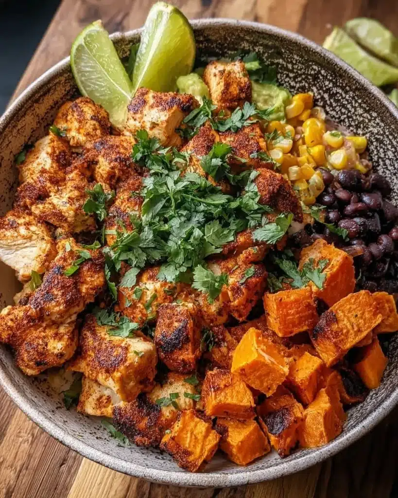 Chicken and Roasted Sweet Potato Bowl with fresh ingredients