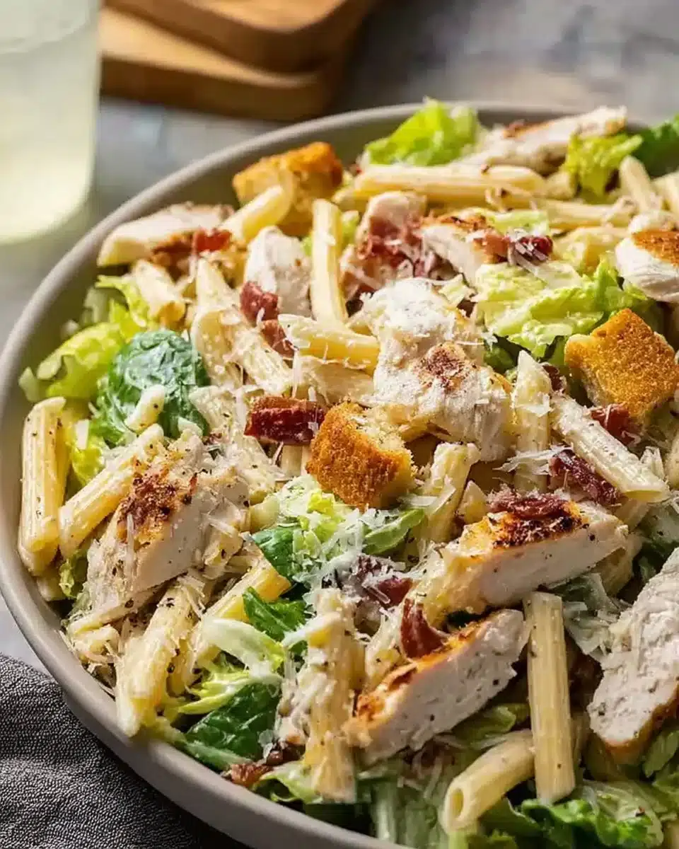 Bowl of Chicken Caesar Pasta Salad with croutons and dressing