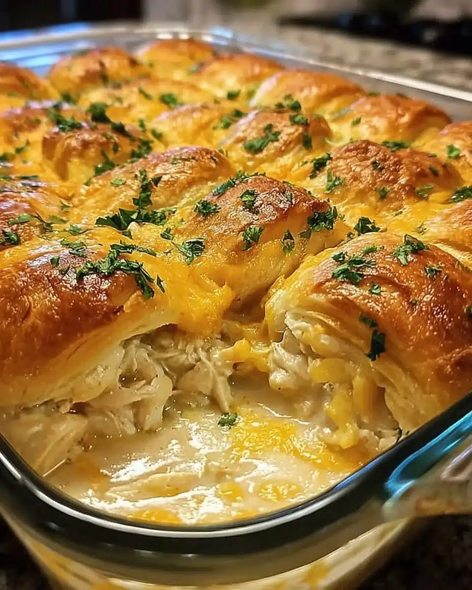 Delicious chicken crescent roll casserole topped with golden brown crescent rolls.