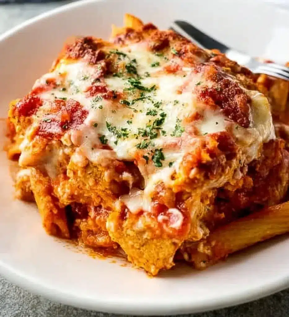 Easy Chicken Parmesan Casserole recipe with melted cheese and pasta