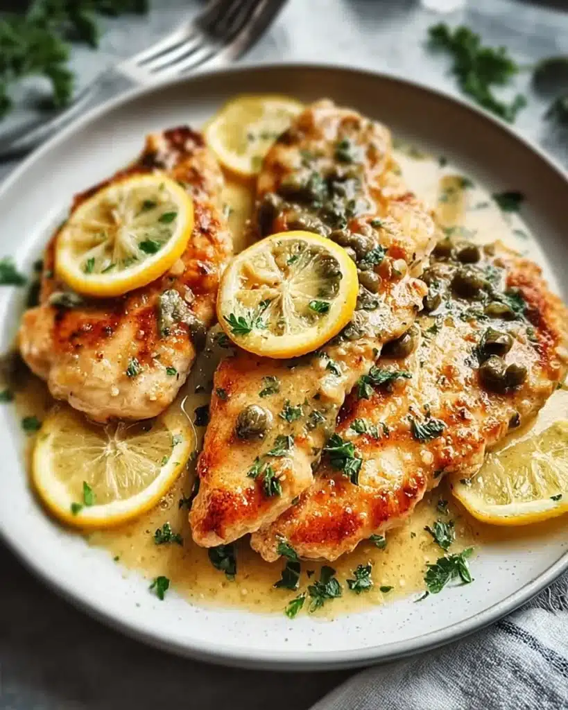 Plate of Chicken Piccata with lemon slices and capers garnish