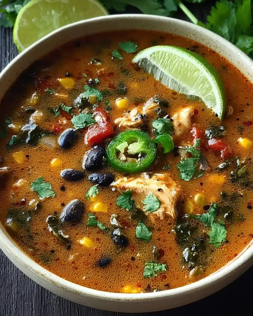 A bowl of Chicken Poblano Soup with black beans and fresh toppings