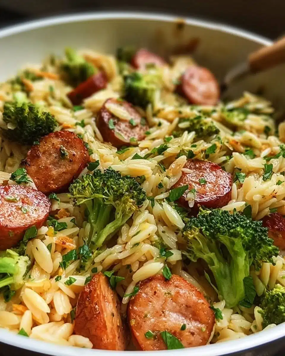 Chicken Sausage Broccoli Orzo Skillet with vibrant vegetables in a skillet