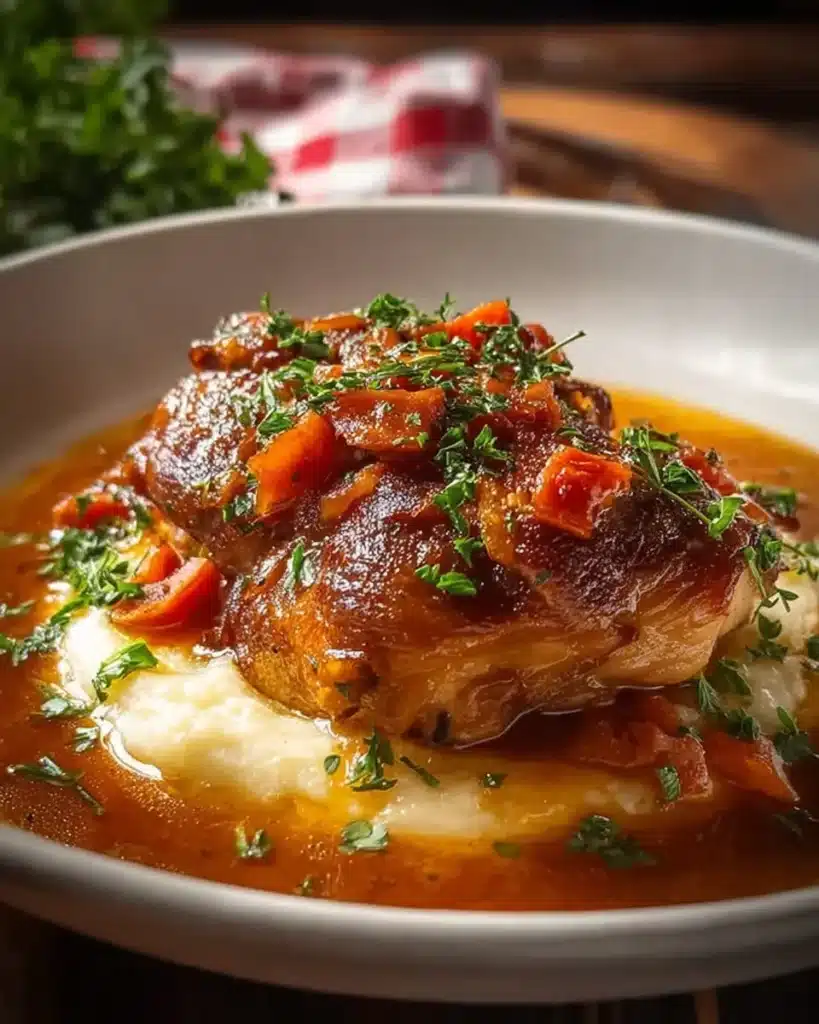 Chicken thigh osso bucco garnished with herbs and vegetables in a pot
