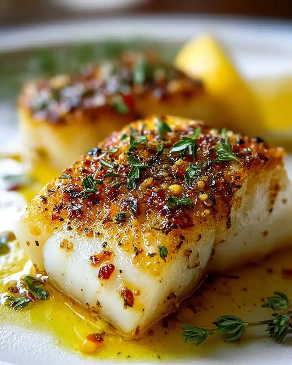 Deliciously cooked Chilean Sea Bass garnished with herbs and lemon