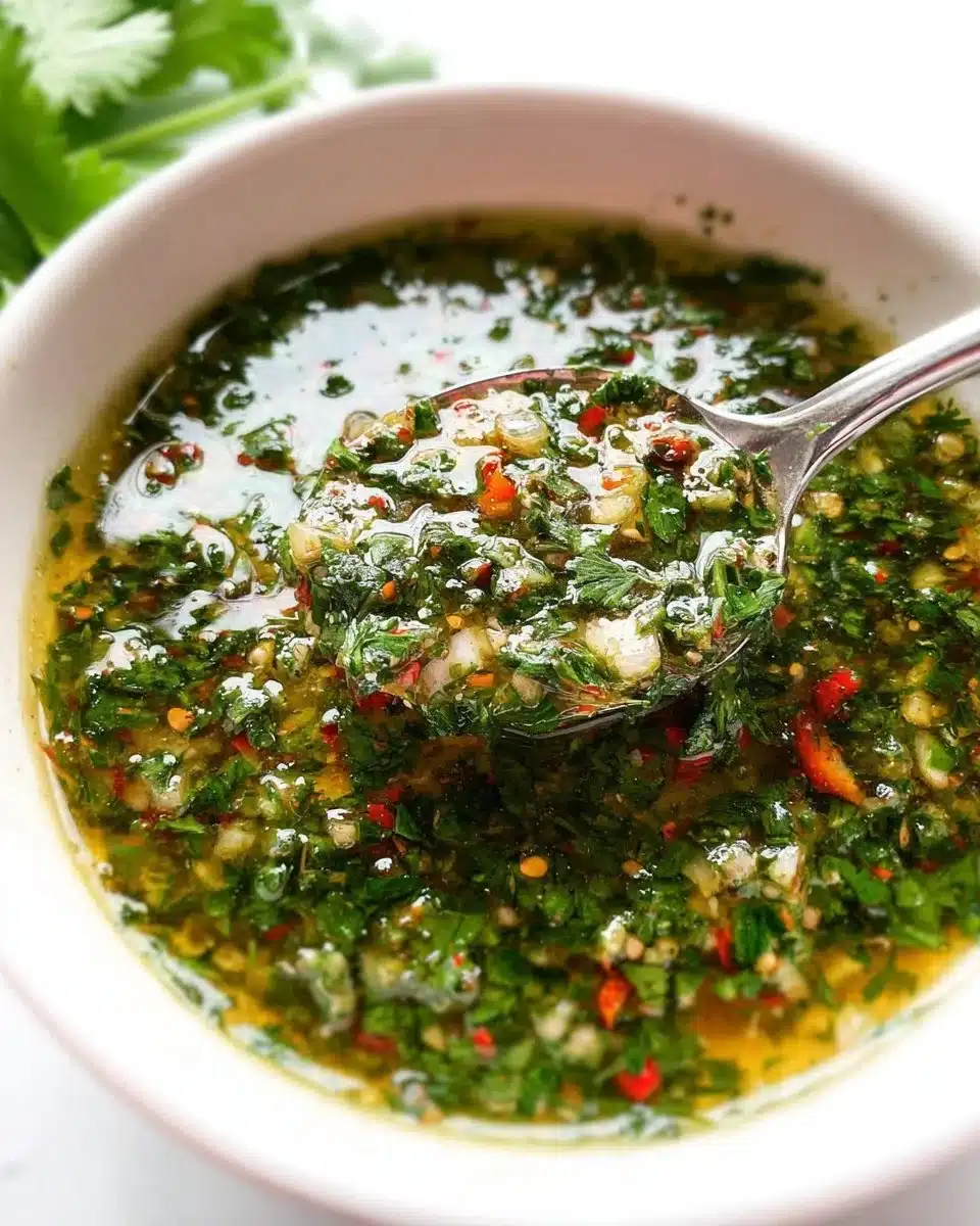 Homemade chimichurri sauce in a bowl with fresh herbs and garlic.