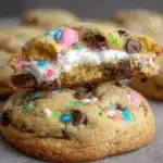 Chocolate Chip Peep Stuffed Easter Cookies on a colorful plate