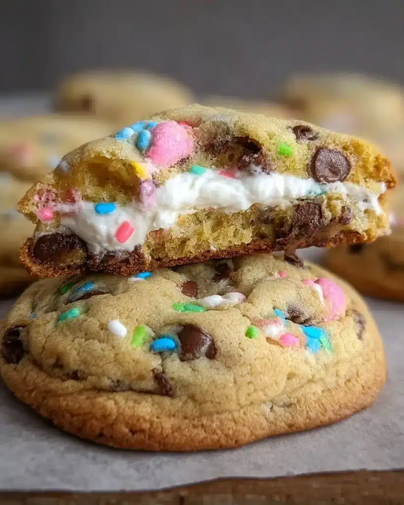 Chocolate Chip Peep Stuffed Easter Cookies on a colorful plate