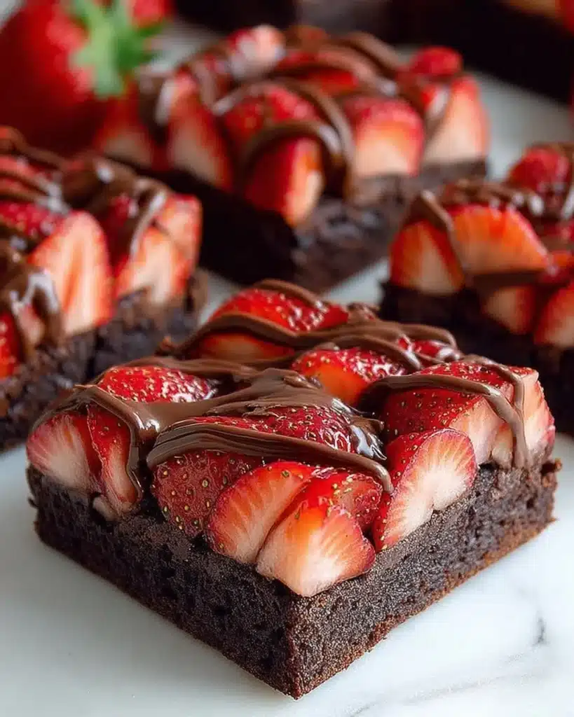 Decadent chocolate covered strawberry brownies topped with fresh berries