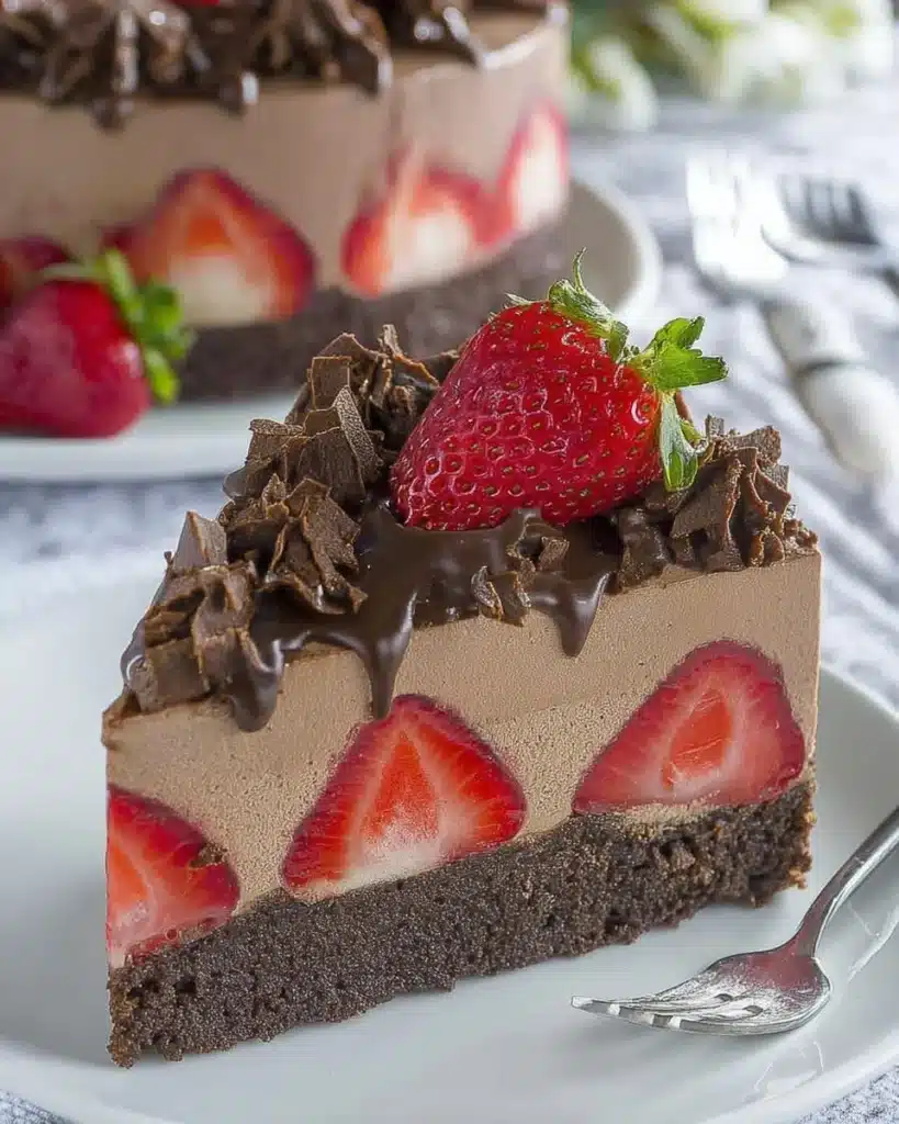 Delicious Chocolate Strawberry Mousse Cake decorated with fresh strawberries.