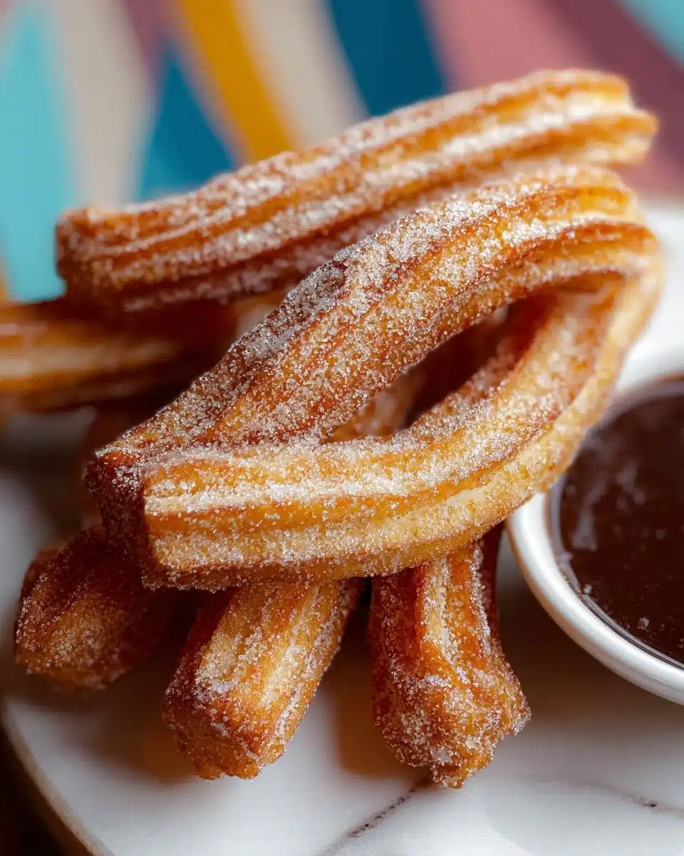 Delicious golden churros served with chocolate dipping sauce