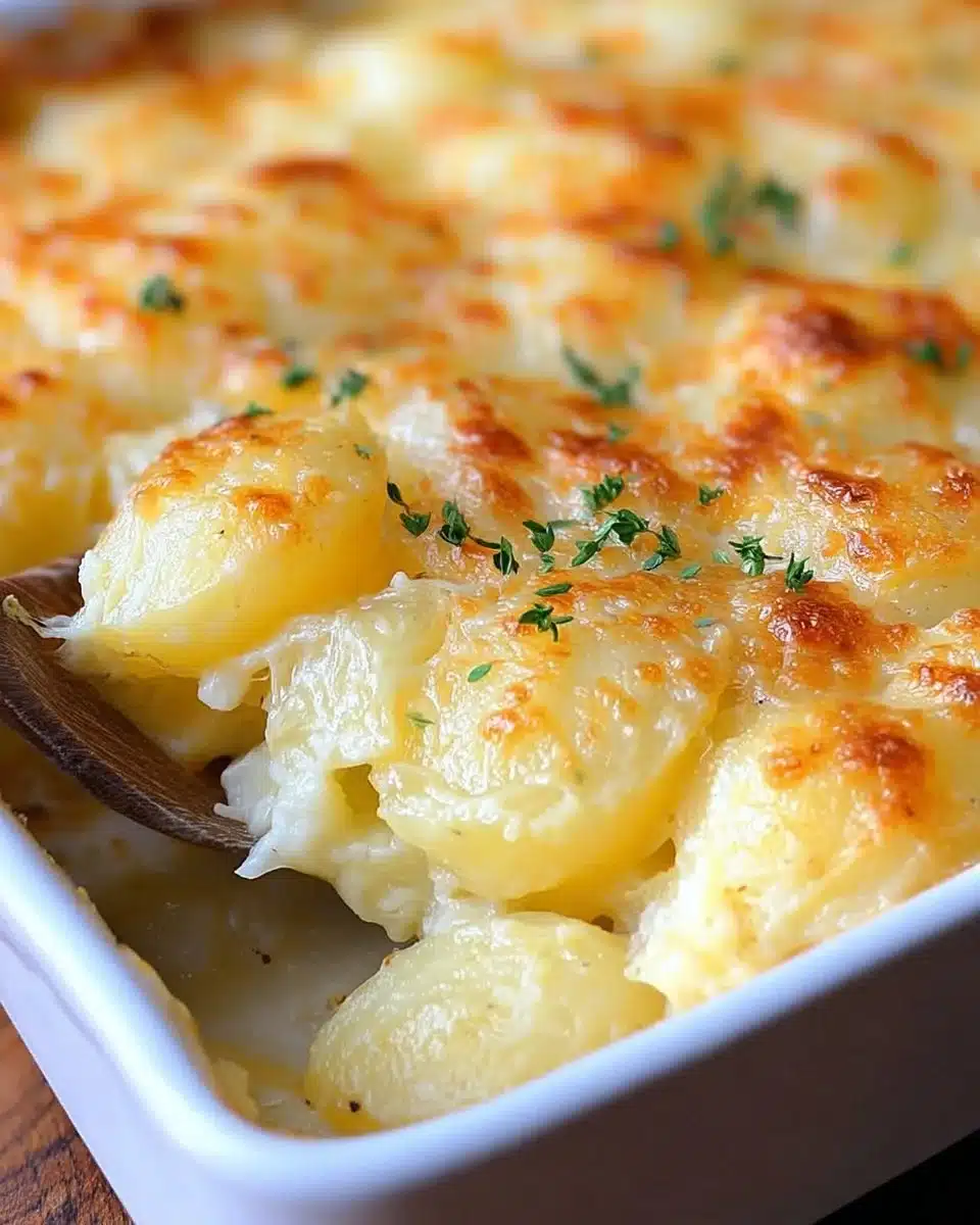 Creamy Classic Delmonico Potatoes topped with cheese in a baking dish