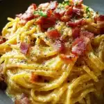 Delicious plate of Classic Pasta Carbonara garnished with parmesan cheese and pepper