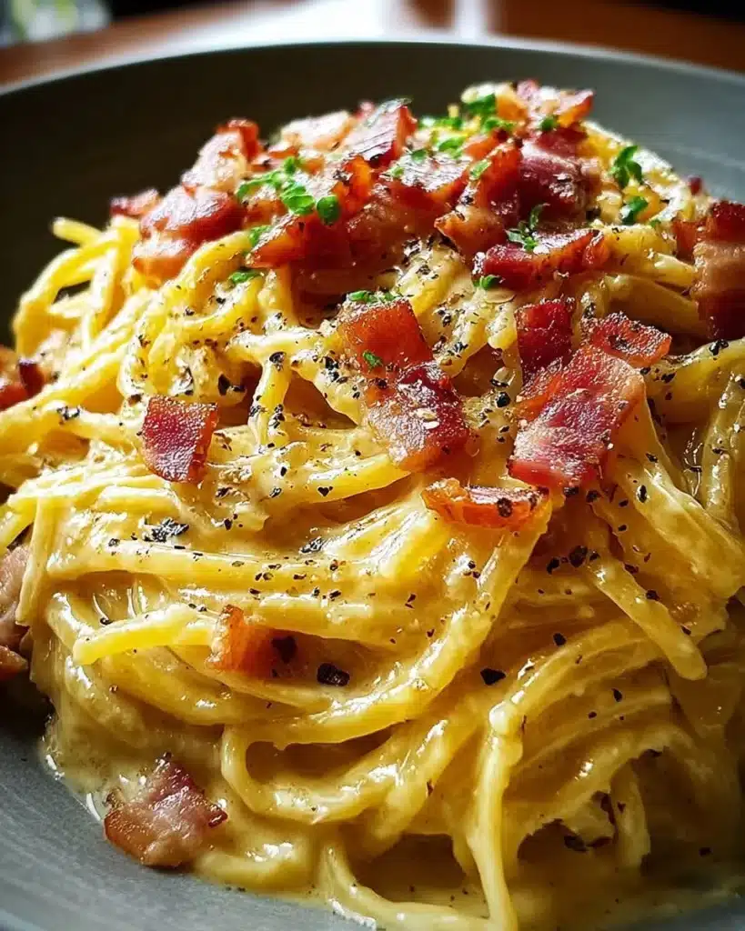 Delicious plate of Classic Pasta Carbonara garnished with parmesan cheese and pepper