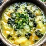 A bowl of creamy Colcannon Soup with potatoes and cabbage garnished with herbs.