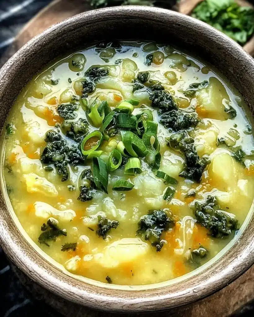 A bowl of creamy Colcannon Soup with potatoes and cabbage garnished with herbs.