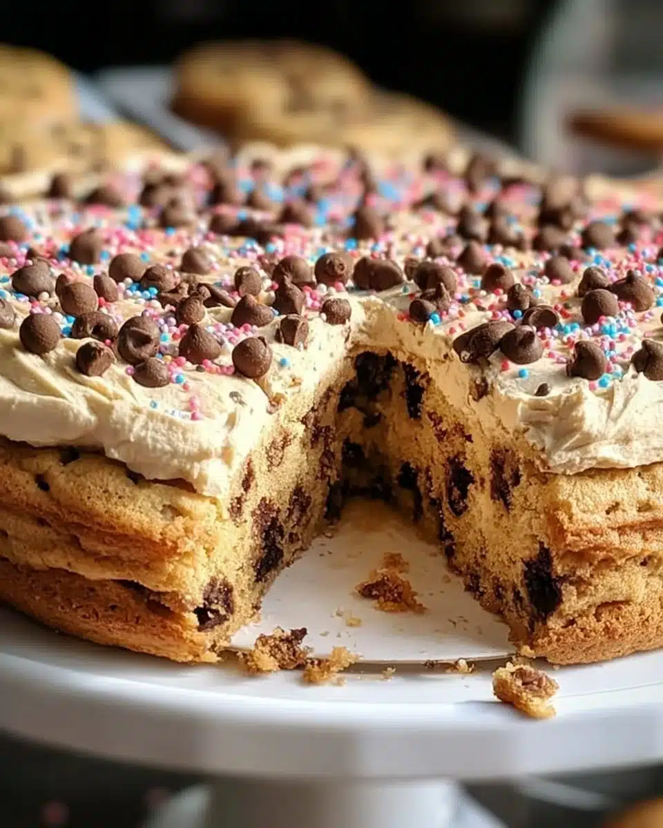Homemade cookie cake with chocolate chips and frosting on a plate