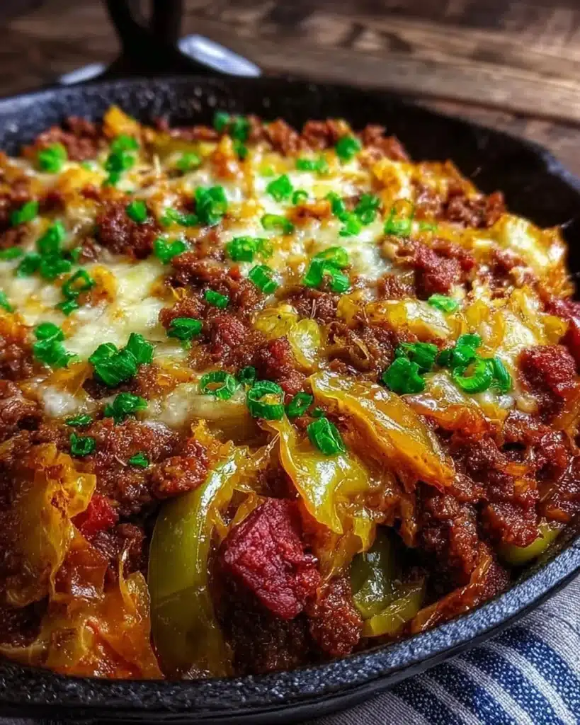 Corned Beef and Cabbage Skillet served on a rustic wooden table