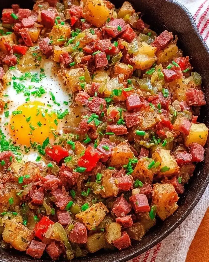 Delicious corned beef hash served with a side of eggs