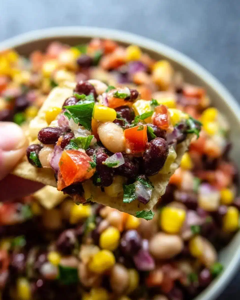 Bowl of colorful Cowboy Caviar dip with fresh vegetables and beans