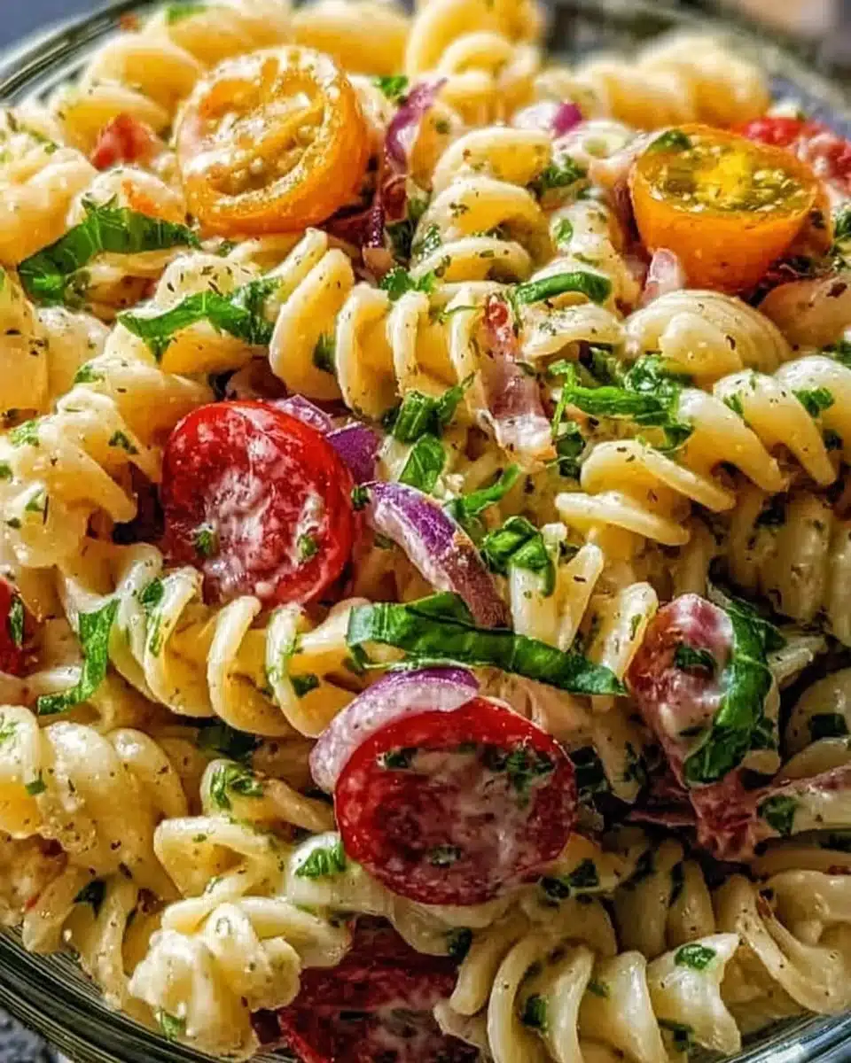 Delicious Crack Pasta Salad with colorful vegetables and dressing.