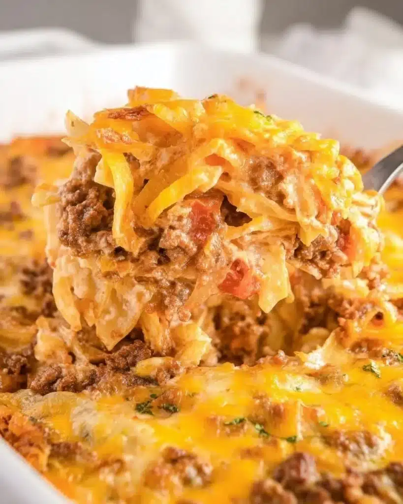 Delicious creamy hamburger casserole topped with crispy layers for a satisfying meal.