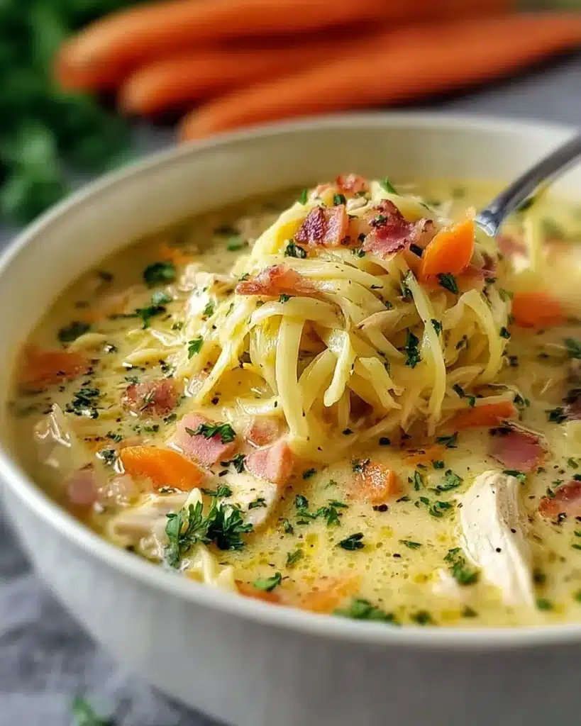 Bowl of creamy Crack Chicken Noodle Soup garnished with herbs and spices