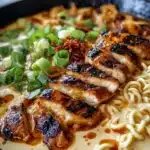 Creamy garlic chicken ramen in a bowl, topped with herbs and garnishes.