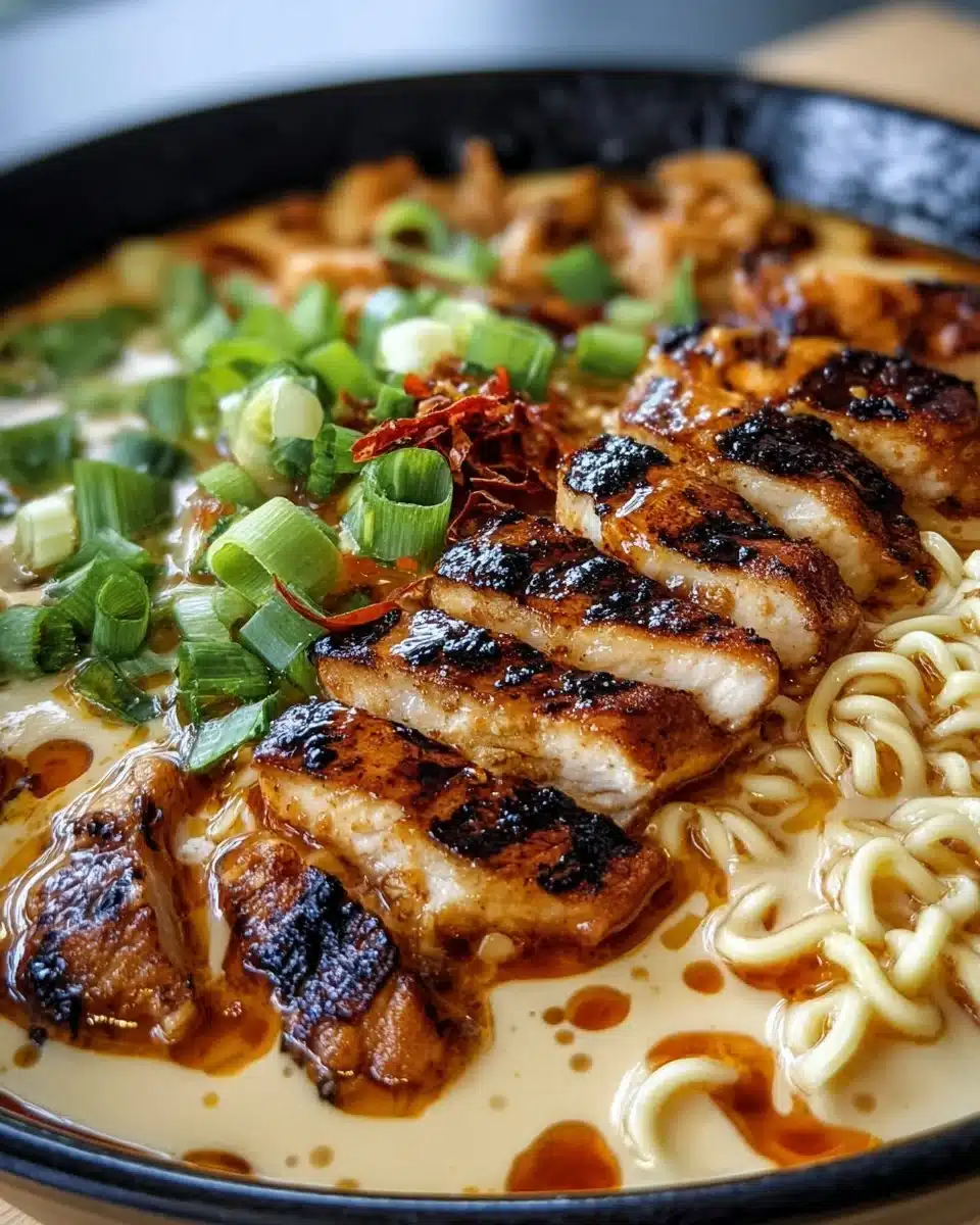 Creamy garlic chicken ramen in a bowl, topped with herbs and garnishes.
