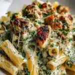 Creamy pesto chicken pasta served in a bowl with fresh basil and Parmesan