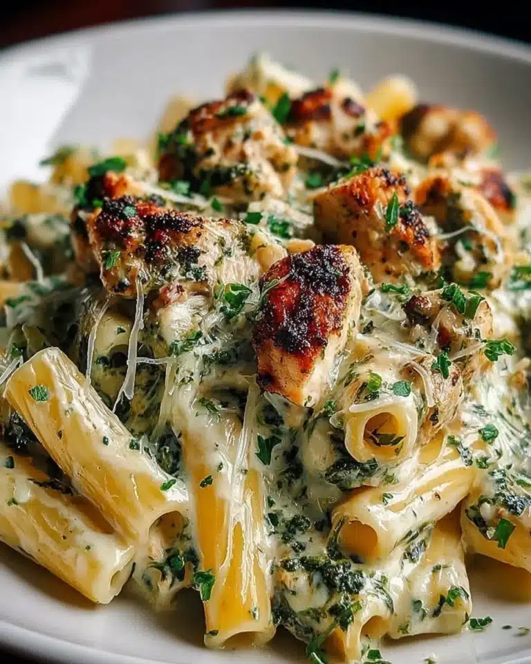 Creamy pesto chicken pasta served in a bowl with fresh basil and Parmesan