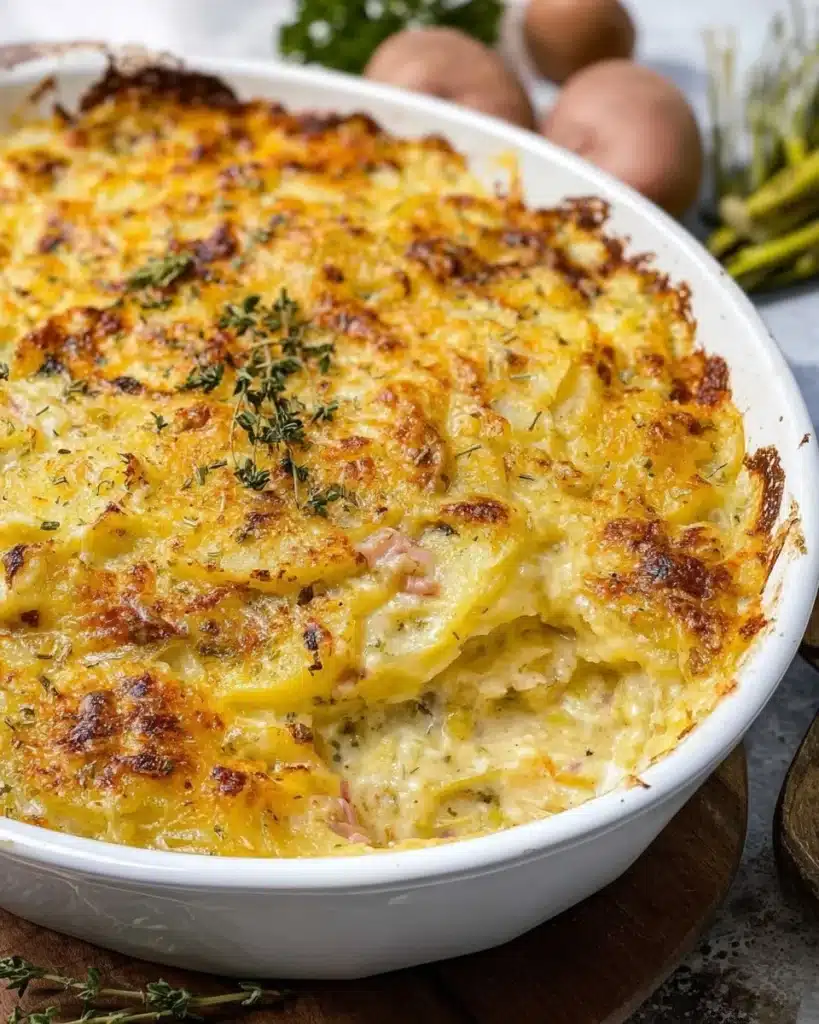Delicious creamy potato casserole baked to perfection in a dish