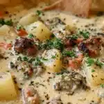 Bowl of creamy potato sausage chowder topped with fresh herbs