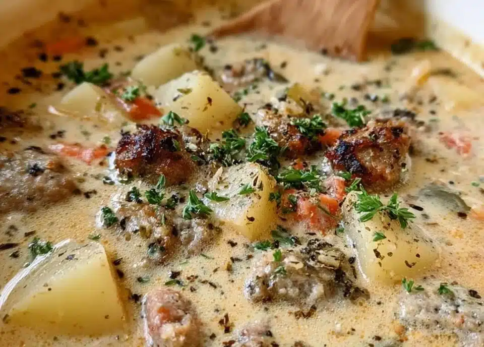 Bowl of creamy potato sausage chowder topped with fresh herbs