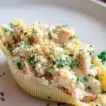 Plate of creamy seafood stuffed shells topped with herbs and cheese