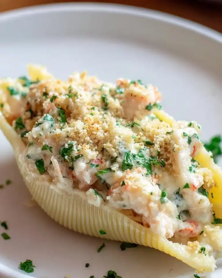 Plate of creamy seafood stuffed shells topped with herbs and cheese