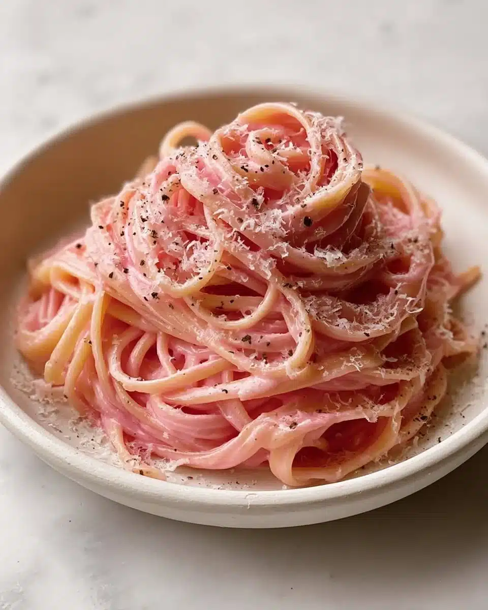 Creamy vegan pink pasta dish served in a bowl with fresh herbs