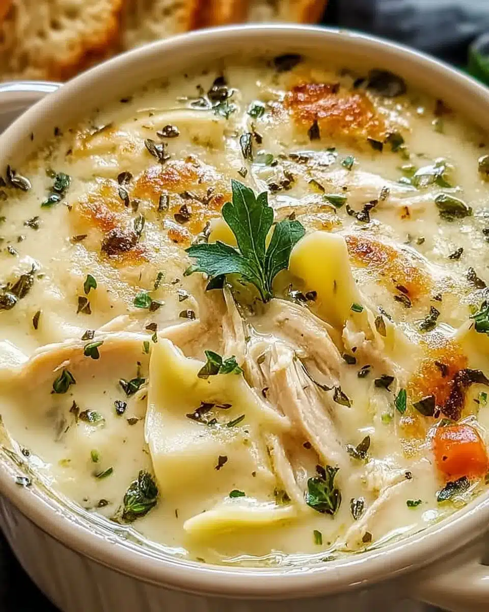 Creamy white lasagna soup in a bowl with fresh herbs and cheese