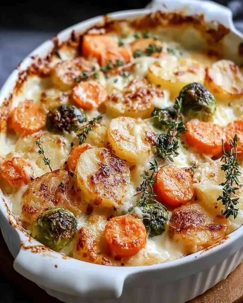 Creamy Winter Vegetable Casserole topped with herbs and cheese