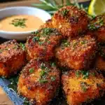Crispy Bang Bang Salmon Bites served on a plate with garnishes