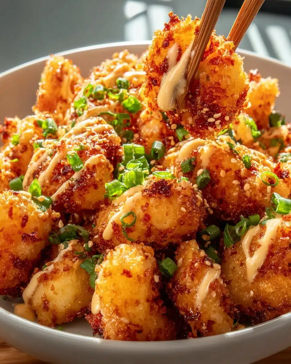 Crispy Bang Bang Shrimp served with a spicy sauce and garnished for presentation.