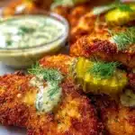 Crispy dill pickle parmesan chicken garnished with herbs on a plate