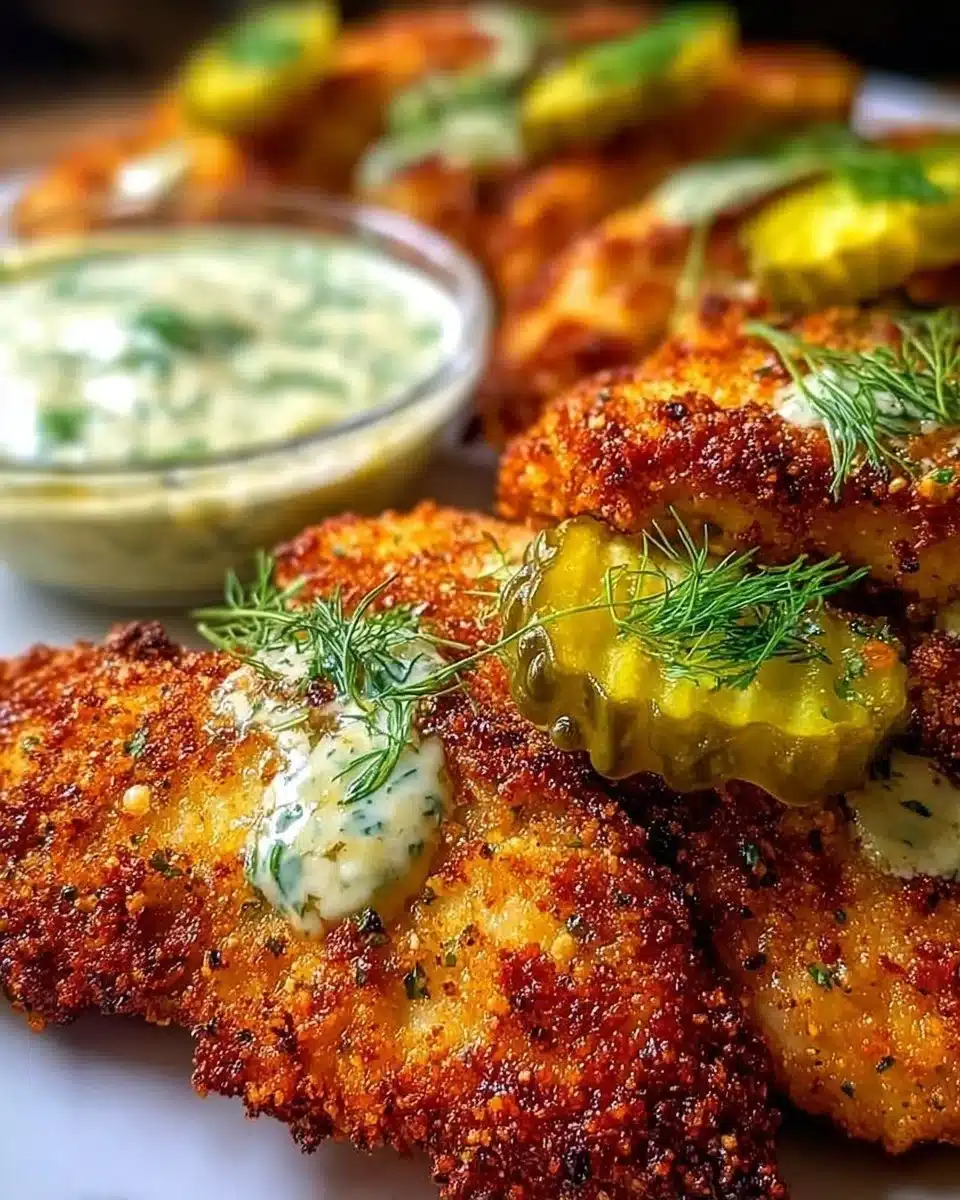Crispy dill pickle parmesan chicken garnished with herbs on a plate